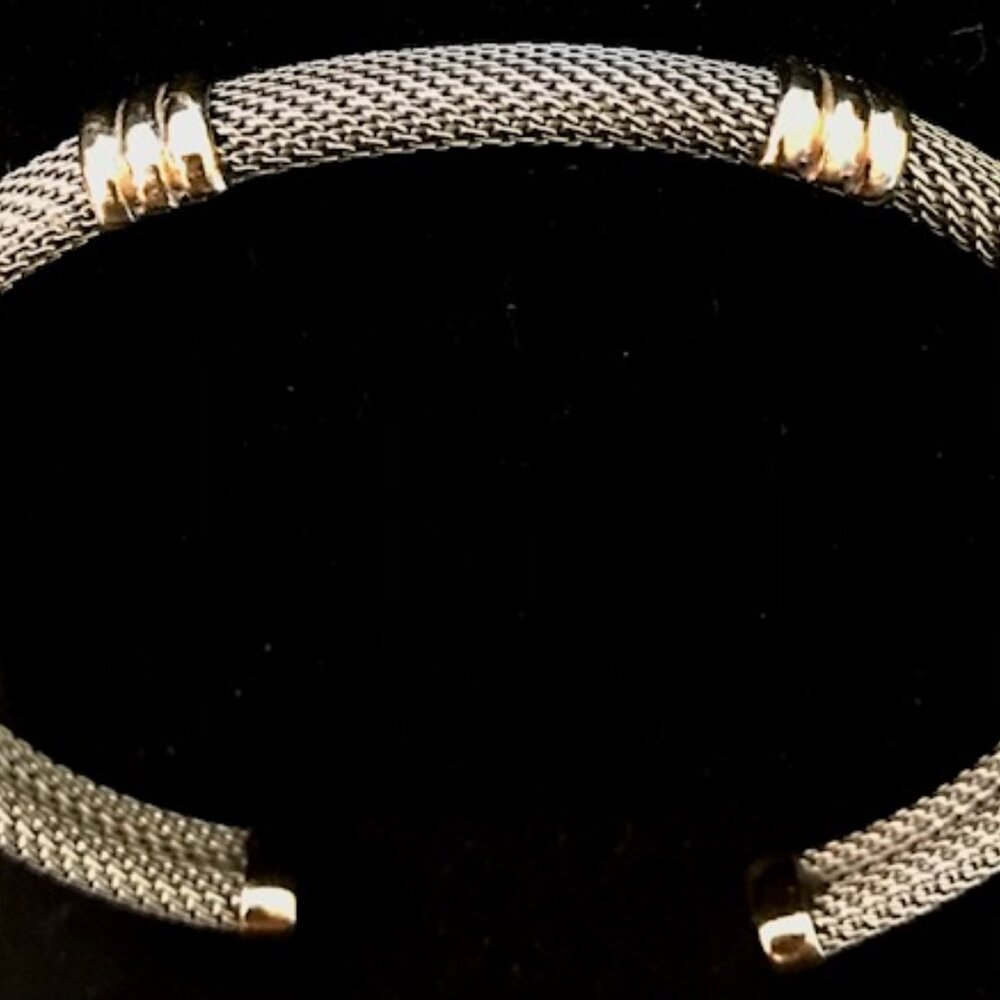 Y2K VINTAGE MESH CUFF STAINLESS STEEL BRACELET W/ GOLD-TONE ACCENTS